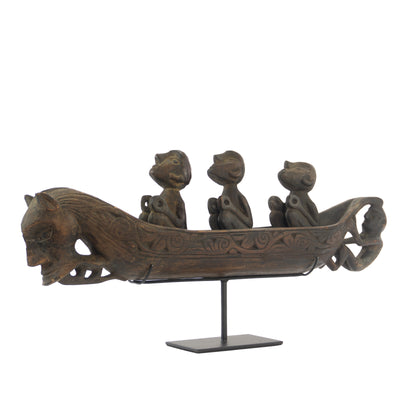 Wooden Sculpted Boat with Sailing Tribesmen of Nias